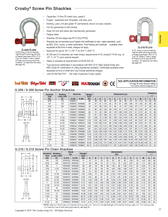 Crosby S-209 Screw Pin Shackles (1T- 55T Ton)